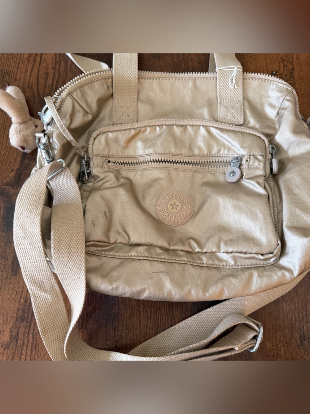 Kipling Metallic Champagne Crossbody Bag with Plush Charm - Picture 2 of 6